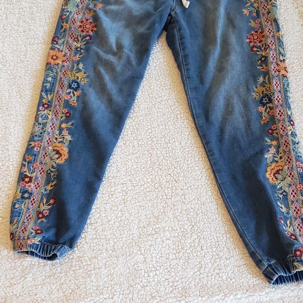 Blue Embroidered Women’s Jeans with Floral Side Trim